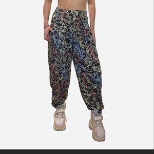 Vintage Black Harem Pants with Neon Paint-Splash Print Free Size
